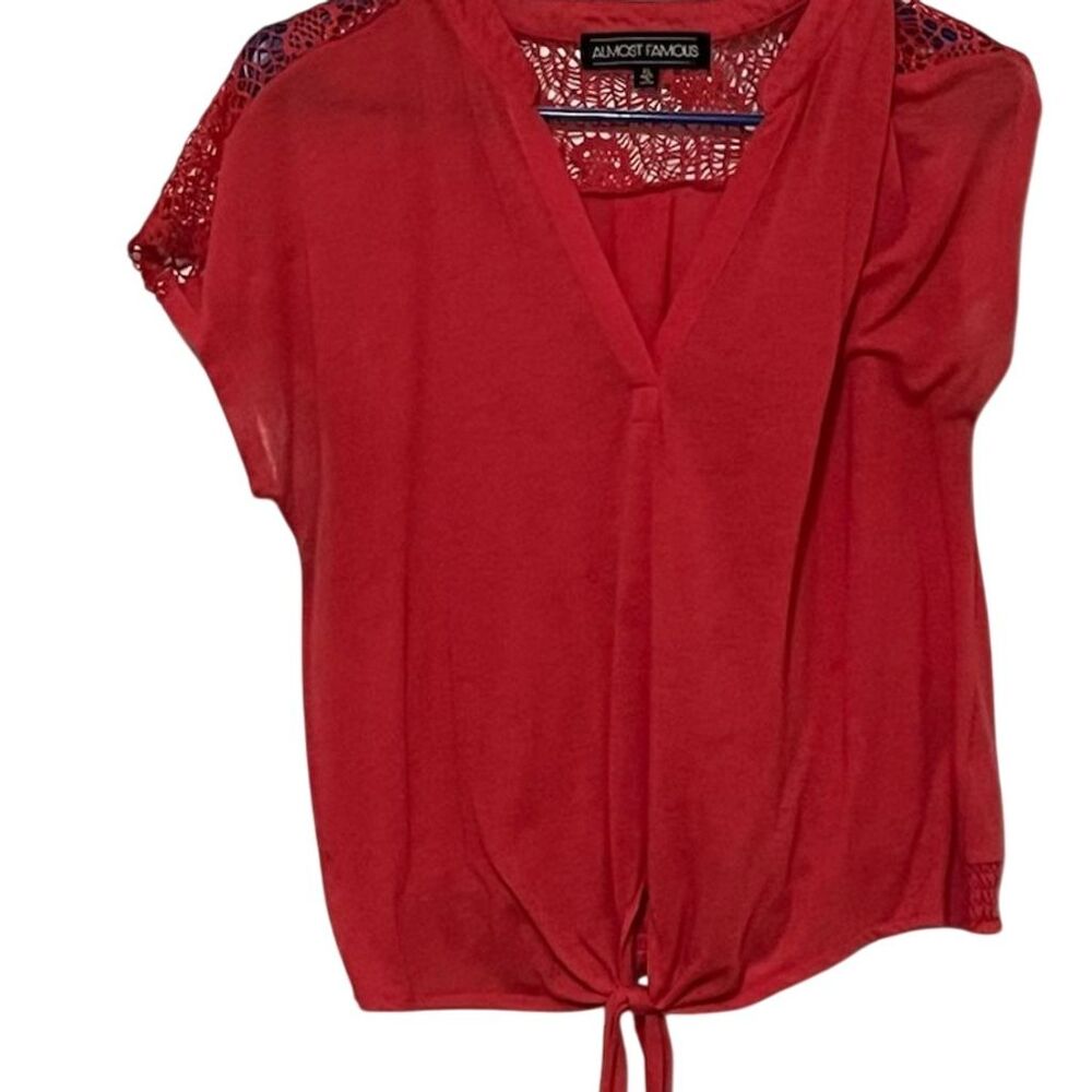Almost Famous Women's XL Red Crochet Sleeve Blouse Tie Front Top
